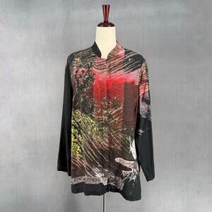 Dressori Silk Button Up Cranes Kimono Blouse Top 0X‎ Artsy Art to Wear Lagenlook